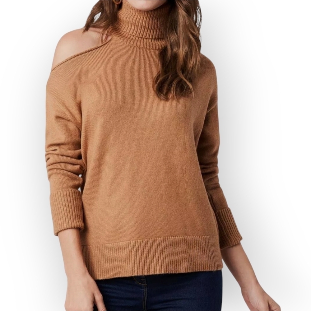 1.STATE Cutout Cold Shoulder Turtleneck Sweater Women's Beige Cotton Relaxed‎